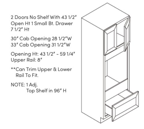 Diagram of a 2-door cabinet with detailed dimensions and shelf notes.